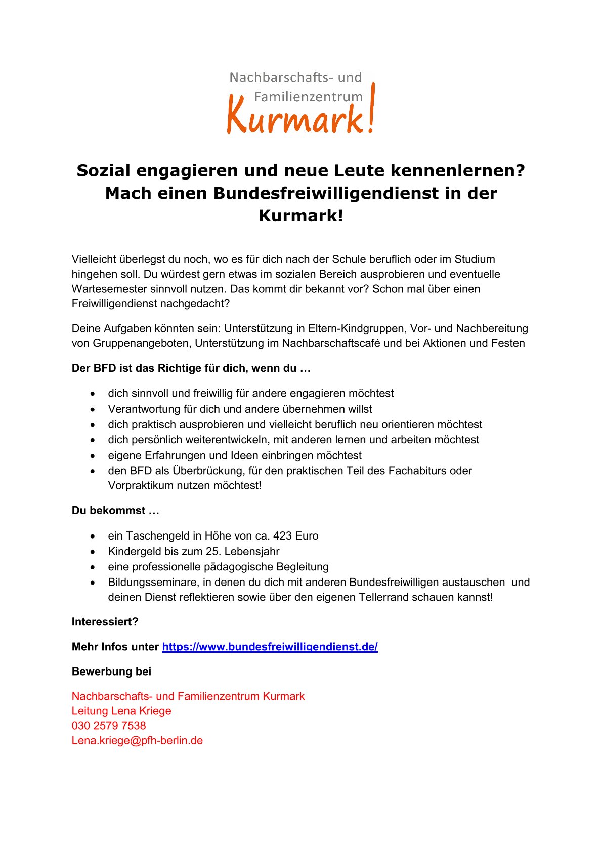 BFD in der Kurmark gesucht